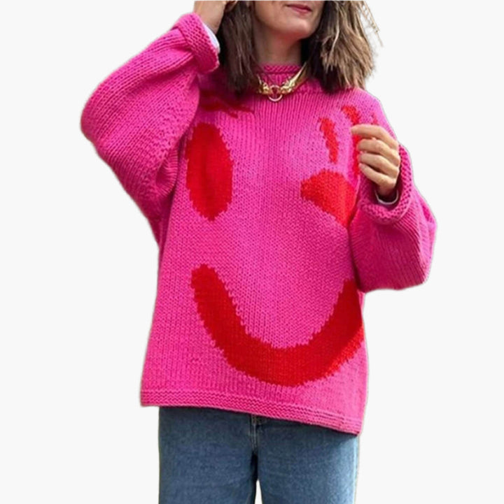 Mirla | Stickad Tröja I Konstnärsstil - Mysig Fritidströja med Abstrakt Ansiktsmönster-Eva Jonsson