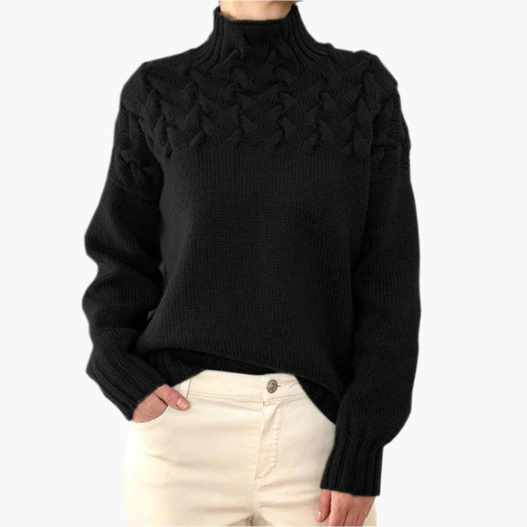 Mirla | Stickad Tröja med Flätmönster och Hög Krage - Elegant Vintertröja för Vardag och Fritid-Eva Jonsson