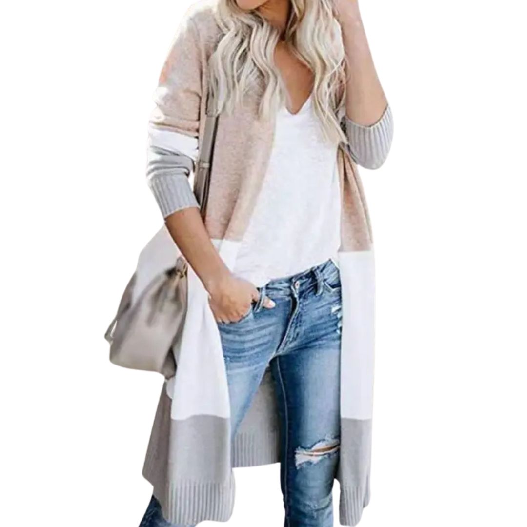 Mirla | Stickad jacka med färgblock och öppen front-Eva Jonsson