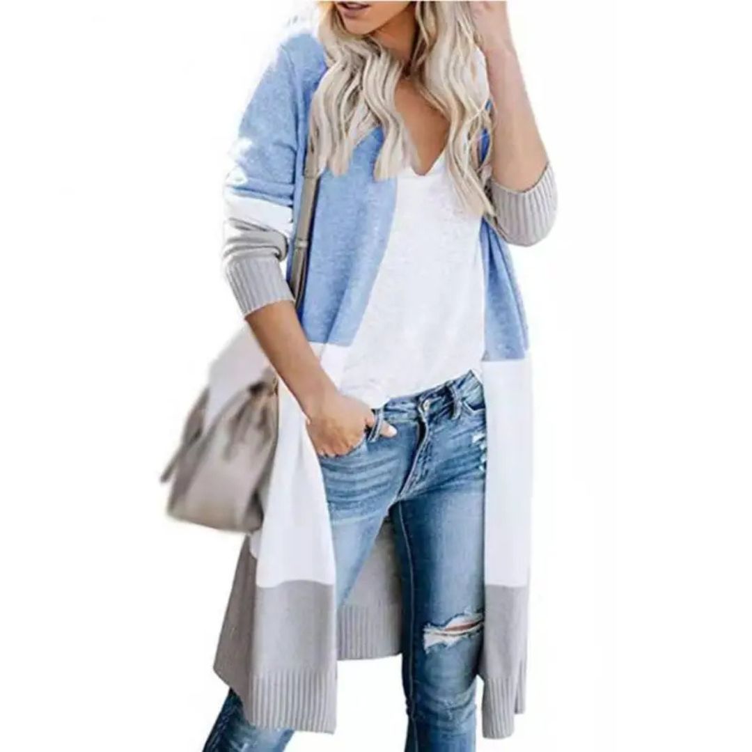 Mirla | Stickad jacka med färgblock och öppen front-Eva Jonsson