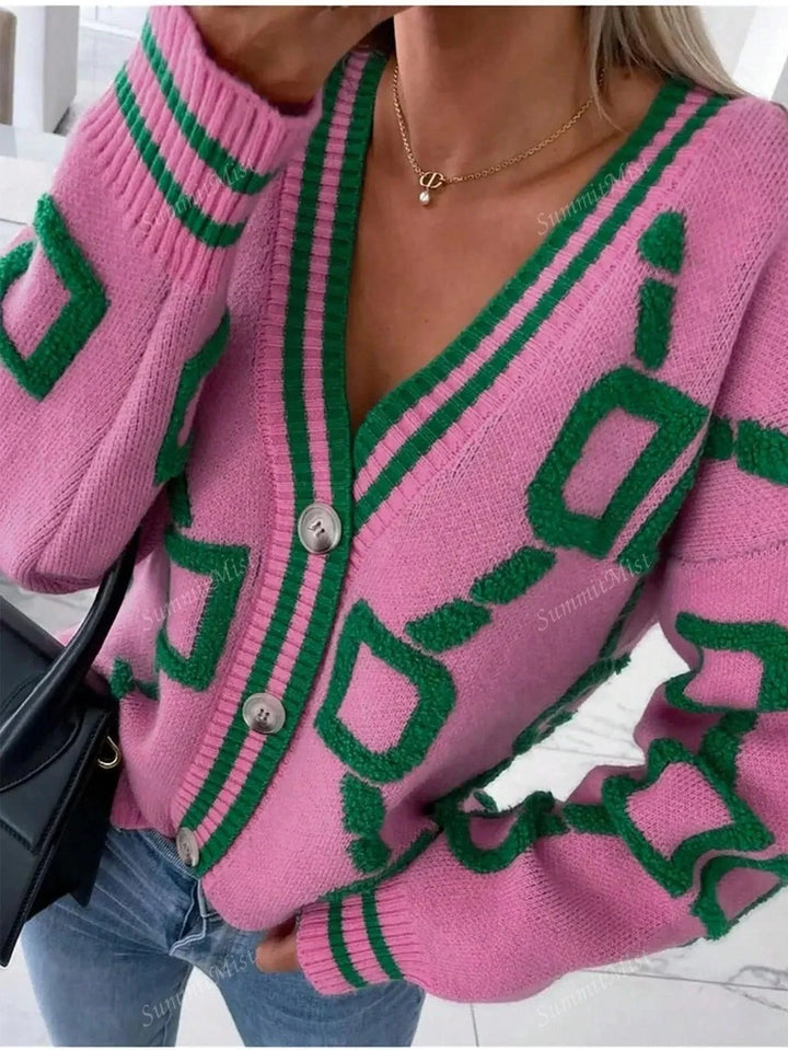 Mirla | Stickad jacka med grafiska tryck för damer-Eva Jonsson