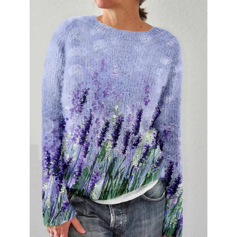 Mirla | Stickad tröja Mjuk stickning Lätt passform Rund hals Blommönster-Eva Jonsson