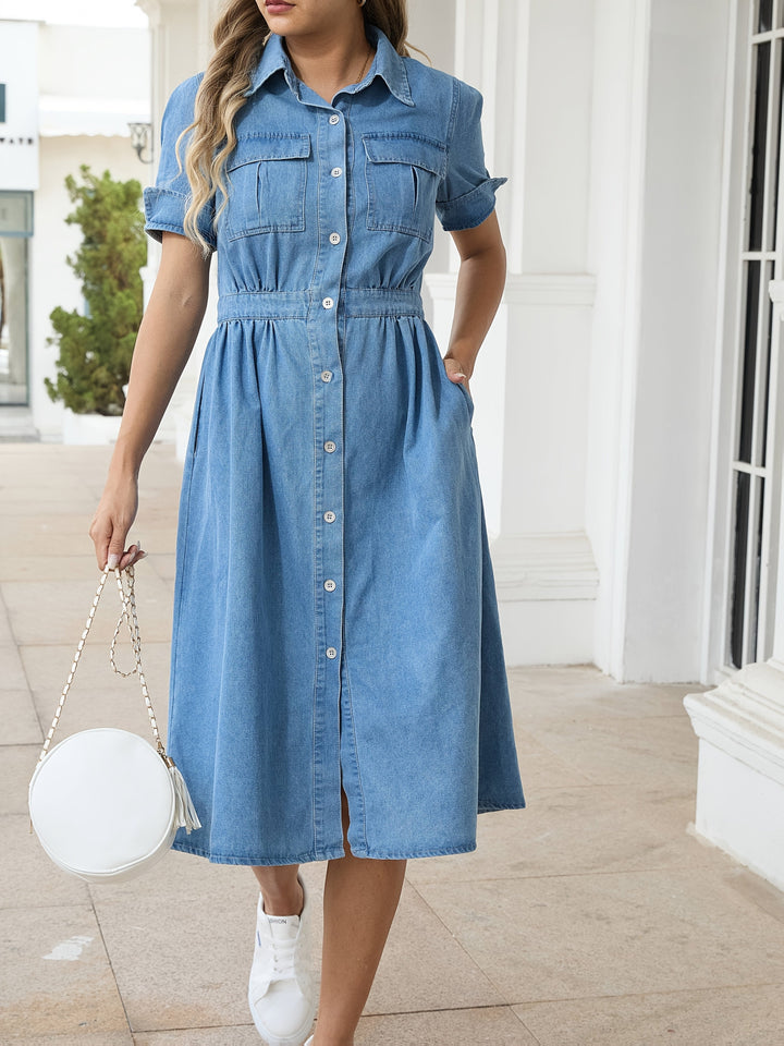 Mirla | Stilig denim-midi-klänning med knapstängning-Eva Jonsson