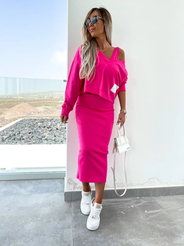 Mirla | Stiligt Off Shoulder Crop Top och Midi Kjol Set-Eva Jonsson