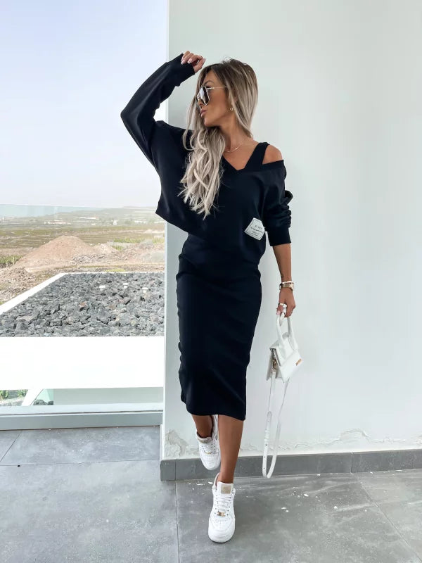 Mirla | Stiligt Off Shoulder Crop Top och Midi Kjol Set-Eva Jonsson