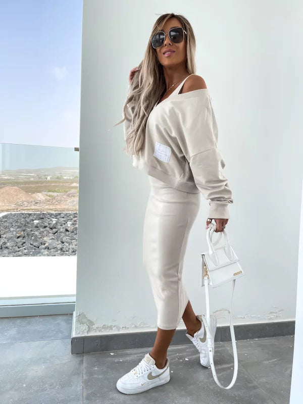 Mirla | Stiligt Off Shoulder Crop Top och Midi Kjol Set-Eva Jonsson