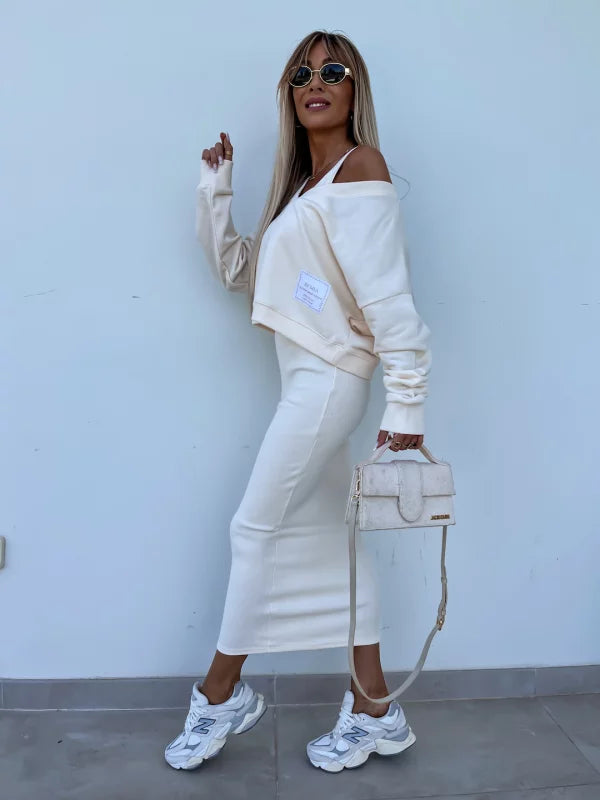 Mirla | Stiligt Off Shoulder Crop Top och Midi Kjol Set-Eva Jonsson