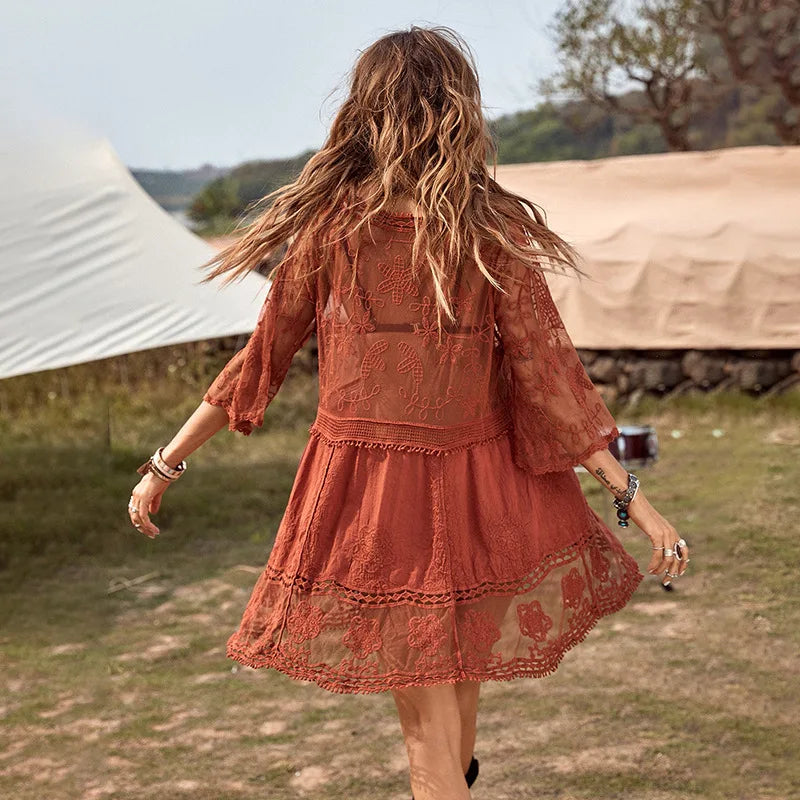 Mirla | Strand Cover Up V-ringad Virkad Tunika Klänning-Eva Jonsson