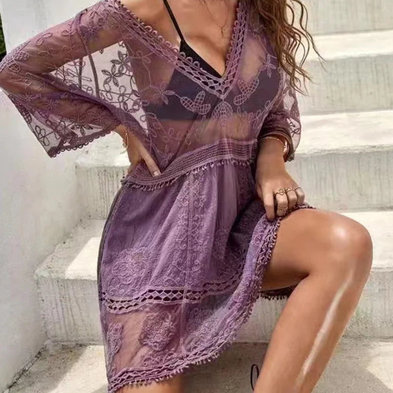 Mirla | Strandöverdrag V-neck Virkad Tunika Klänning-Eva Jonsson