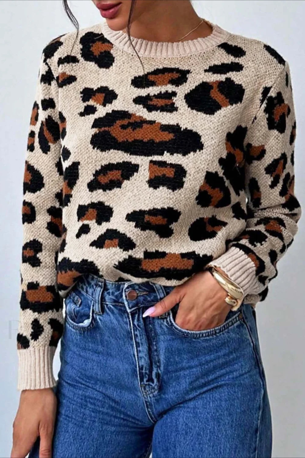 Mirla | Stylish Tröja med Färgblockering, Leopardmönster och Rundhalsutskärning-Eva Jonsson