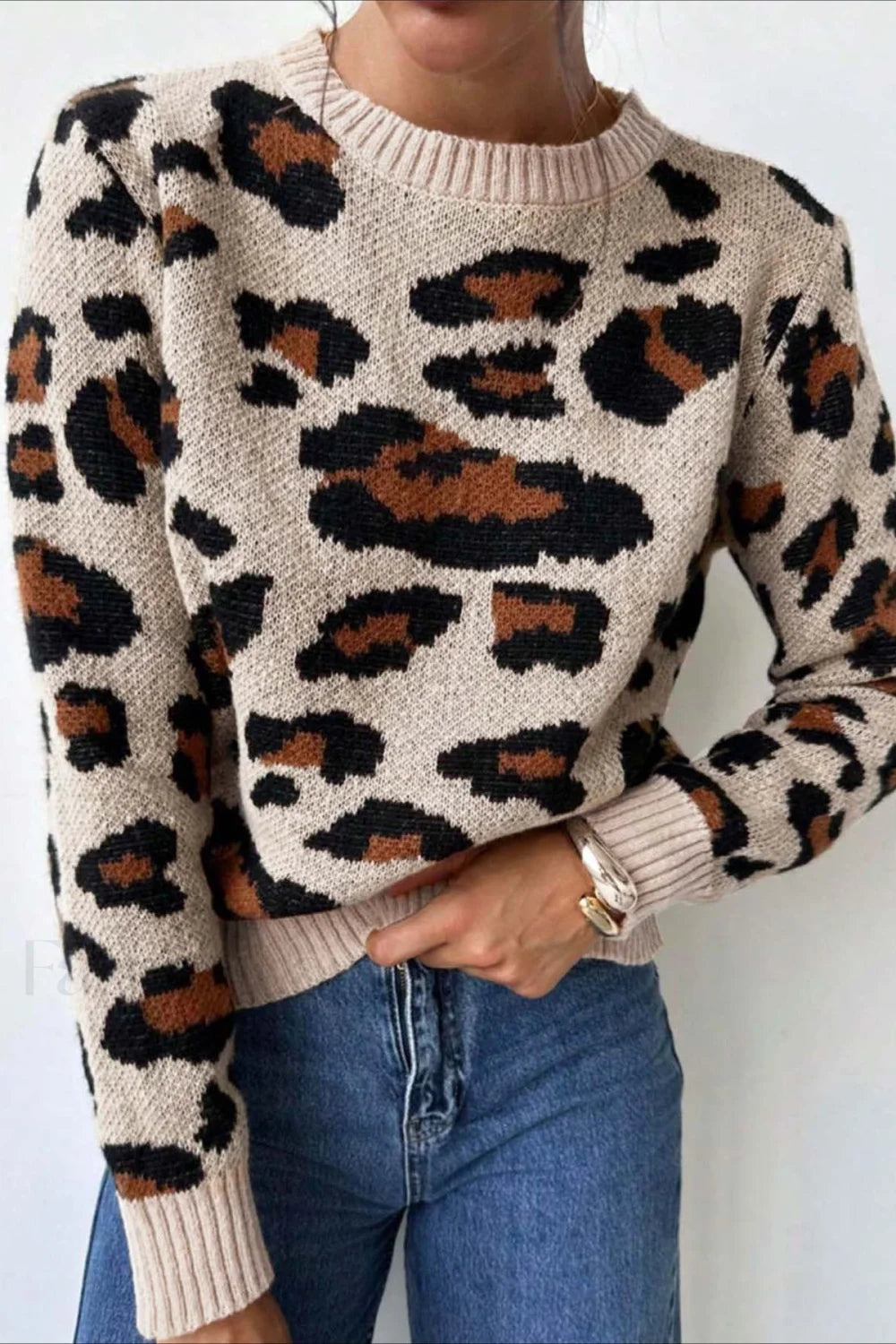 Mirla | Stylish Tröja med Färgblockering, Leopardmönster och Rundhalsutskärning-Eva Jonsson