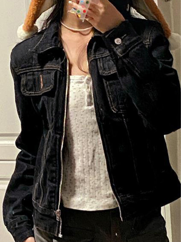 Mirla | Svart Denim Reverskrage Dragkedja Korta Jacka-Eva Jonsson