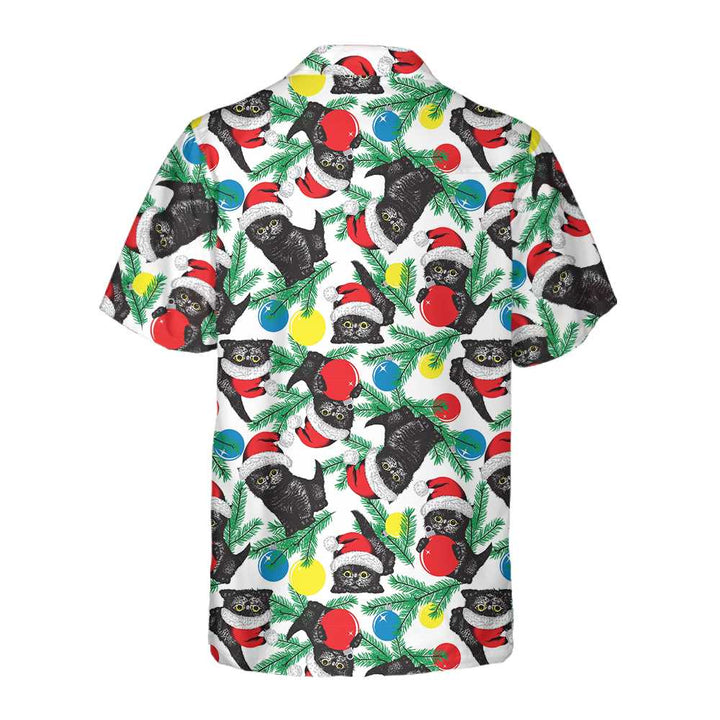 Mirla | Svart Katt med Jultomtemössa Hawaiian Shirt Roligt Julkatt T-Shirt-Eva Jonsson