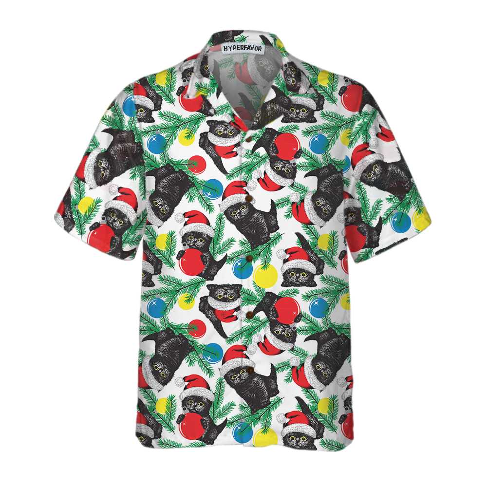 Mirla | Svart Katt med Jultomtemössa Hawaiian Shirt Roligt Julkatt T-Shirt-Eva Jonsson