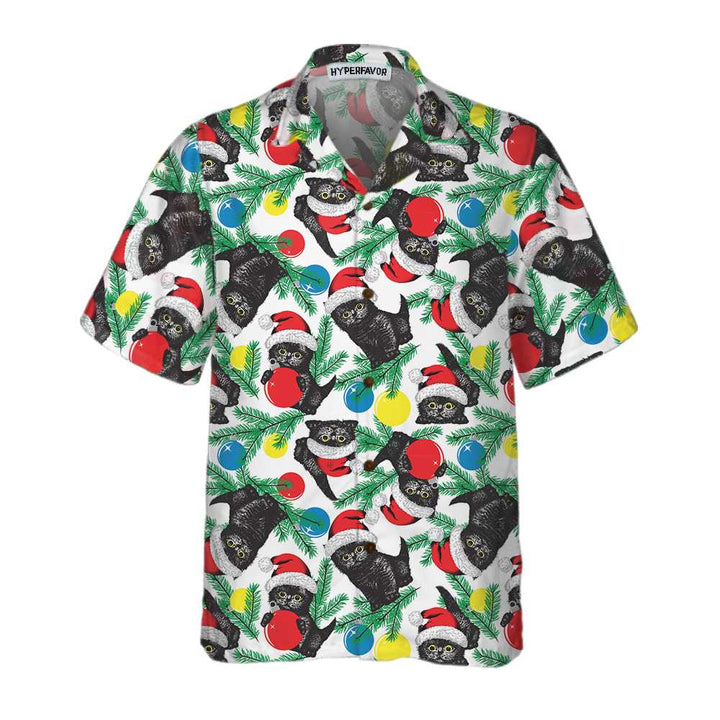Mirla | Svart Katt med Jultomtemössa Hawaiian Shirt Roligt Julkatt T-Shirt-Eva Jonsson