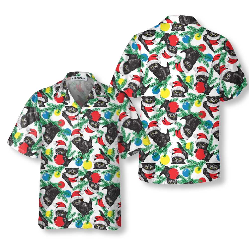 Mirla | Svart Katt med Jultomtemössa Hawaiian Shirt Roligt Julkatt T-Shirt-Eva Jonsson