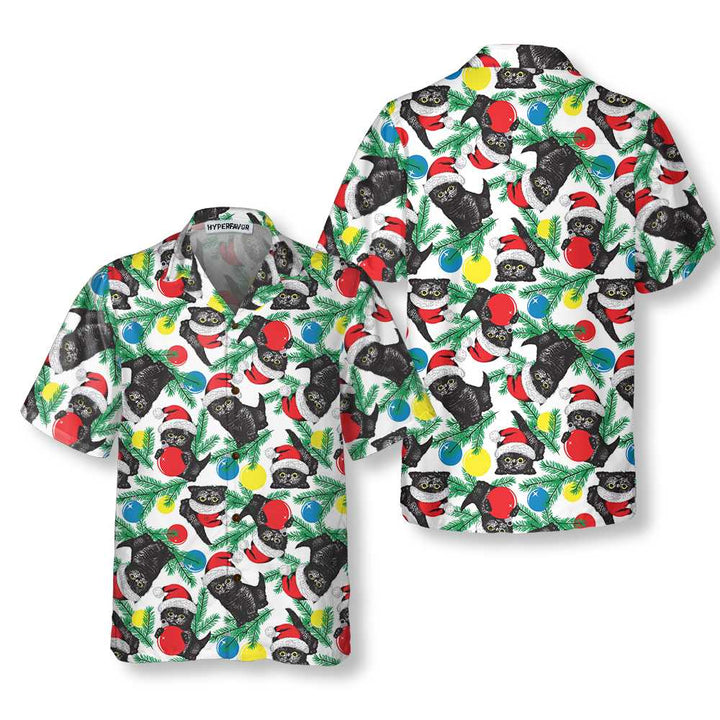 Mirla | Svart Katt med Jultomtemössa Hawaiian Shirt Roligt Julkatt T-Shirt-Eva Jonsson