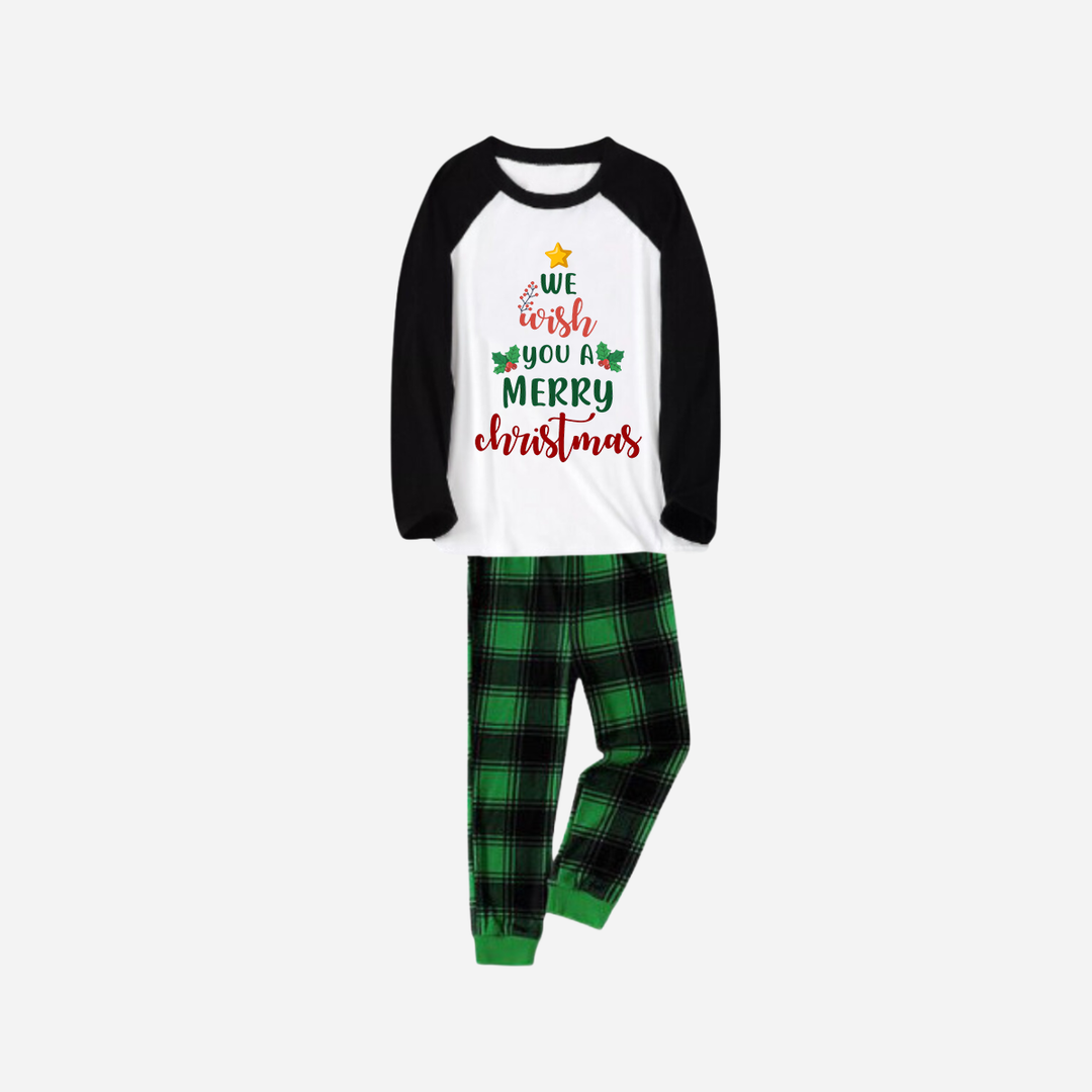 Mirla | Svart Raglan-Överdel Grön Rutigt Jul-Pyjamas-Set med We Wish You A Merry Christmas Texttryck-Eva Jonsson