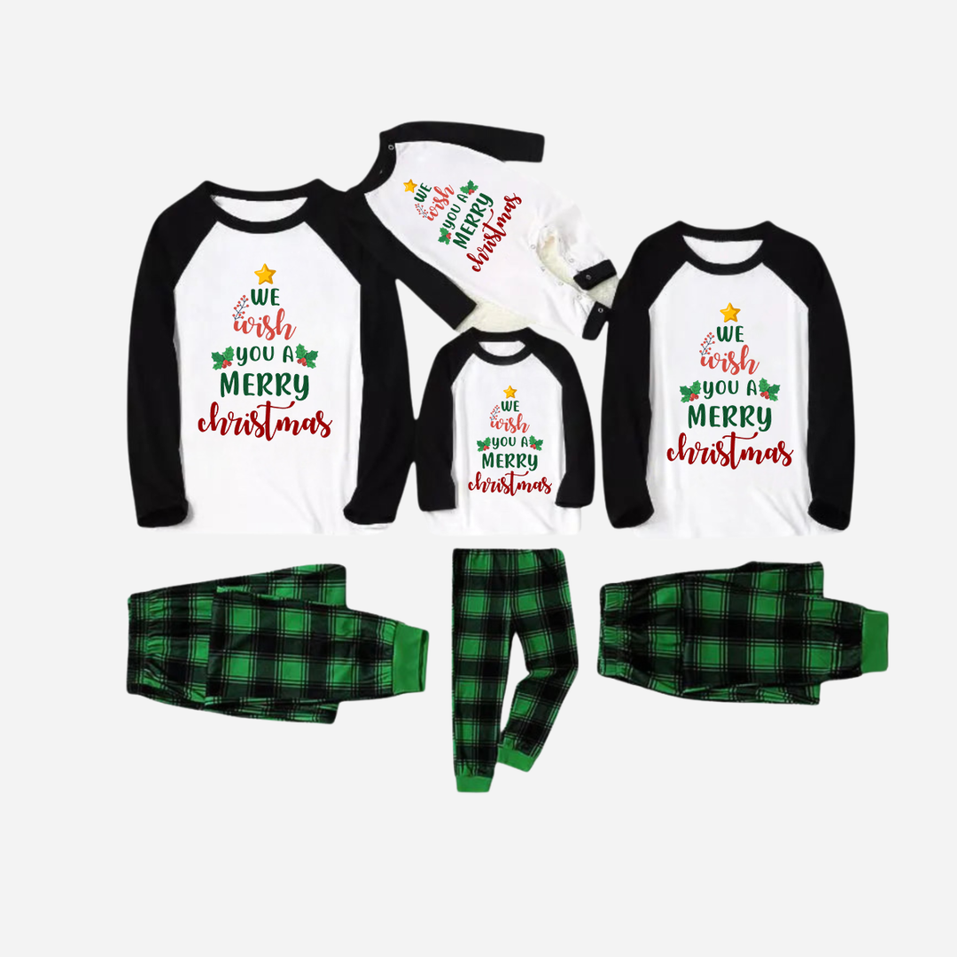 Mirla | Svart Raglan-Överdel Grön Rutigt Jul-Pyjamas-Set med We Wish You A Merry Christmas Texttryck-Eva Jonsson