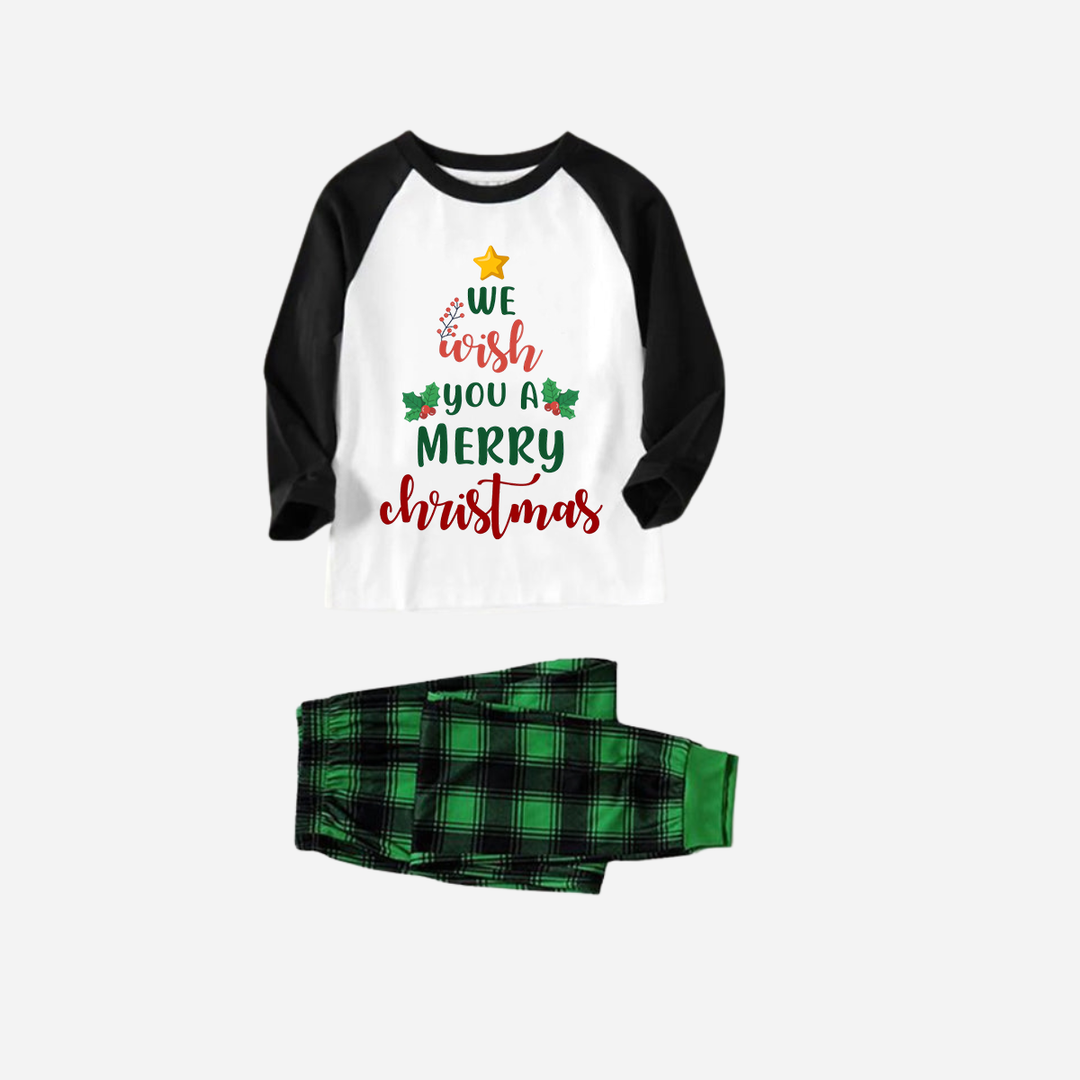 Mirla | Svart Raglan-Överdel Grön Rutigt Jul-Pyjamas-Set med We Wish You A Merry Christmas Texttryck-Eva Jonsson