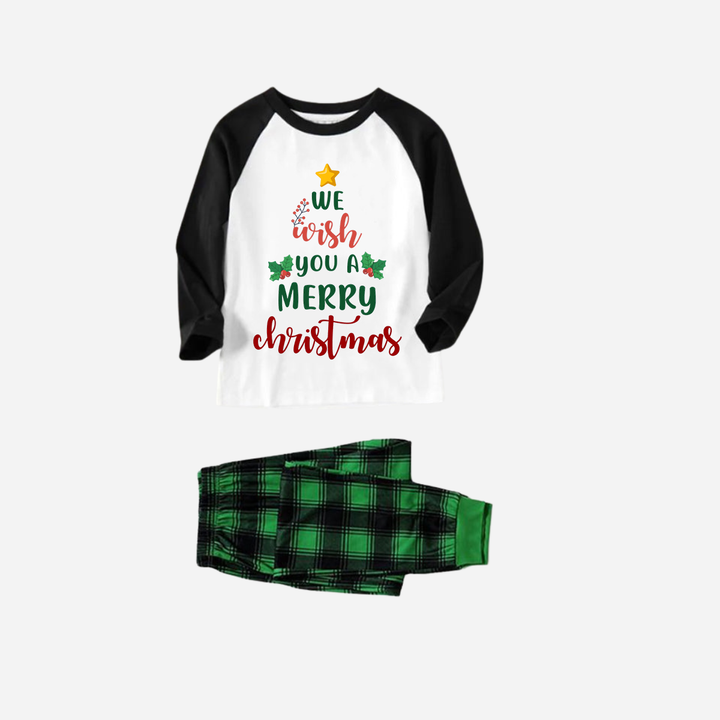 Mirla | Svart Raglan-Överdel Grön Rutigt Jul-Pyjamas-Set med We Wish You A Merry Christmas Texttryck-Eva Jonsson