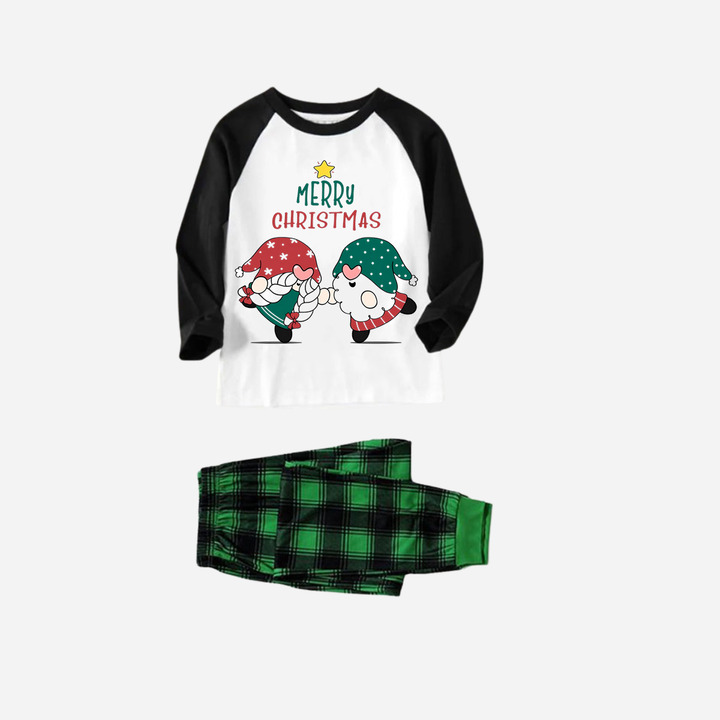 Mirla | Svart Raglan Topp Grön Rutmönster Jul Pyjamas-Set med Gnom och God Jul Texttryck-Eva Jonsson