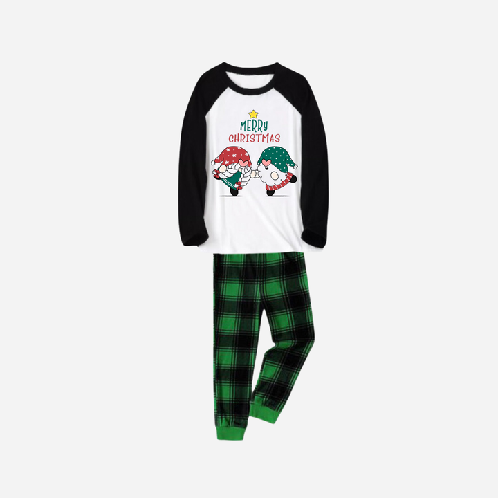 Mirla | Svart Raglan Topp Grön Rutmönster Jul Pyjamas-Set med Gnom och God Jul Texttryck-Eva Jonsson