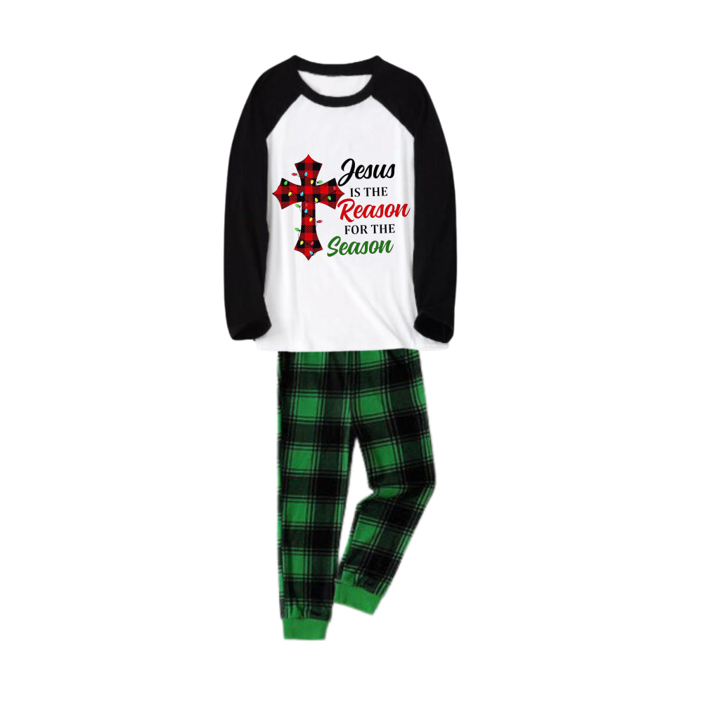 Mirla | Svart Raglan Topp Grönt Rutmönster Jul-Pyjamas Set med Jesus Är Anledningen Till Säsongen Slogan Tryck-Eva Jonsson