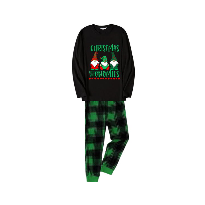 Mirla | Svart Topp och Grön Rutig Byxa Jul-Pyjamas-Set med Jul med Mina Gnomies Texttryck-Eva Jonsson