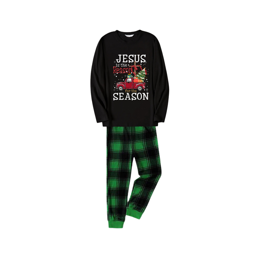 Mirla | Svart Topp och Gröna Morotsbyxor Julpyjamas-Set med Texttrycket Jesus Är Anledningen Till Säsongen-Eva Jonsson