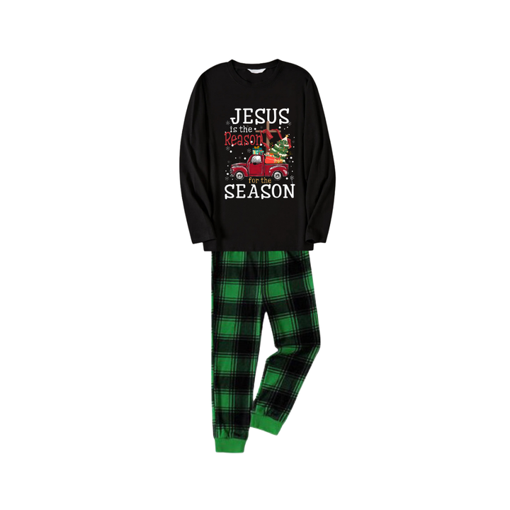 Mirla | Svart Topp och Gröna Morotsbyxor Julpyjamas-Set med Texttrycket Jesus Är Anledningen Till Säsongen-Eva Jonsson