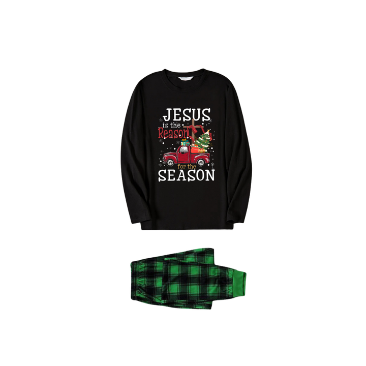 Mirla | Svart Topp och Gröna Morotsbyxor Julpyjamas-Set med Texttrycket Jesus Är Anledningen Till Säsongen-Eva Jonsson
