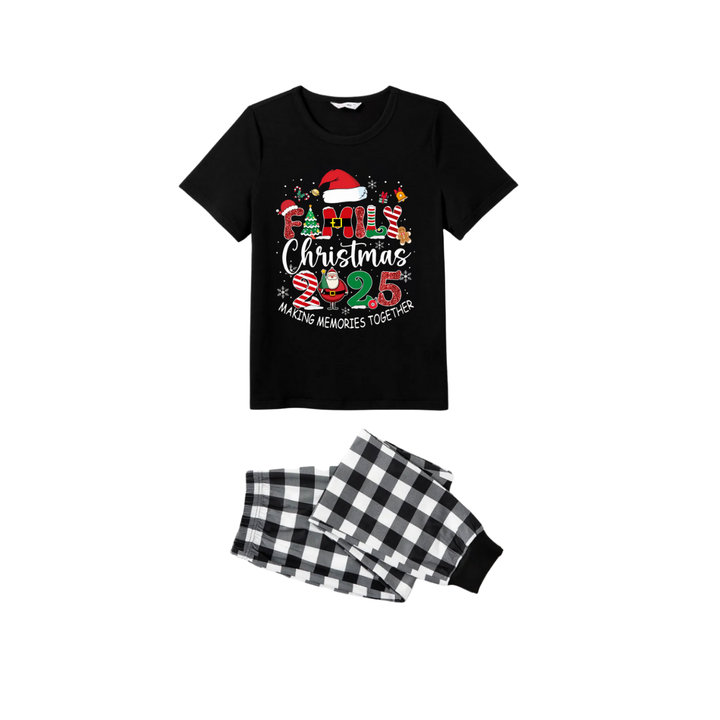 Mirla | Svart-Vit Rutig Julshorts Ärm-Pyjamas-Set med Familjens Jul 2025 Minnen Tillsammans Skapa Texttryck-Eva Jonsson