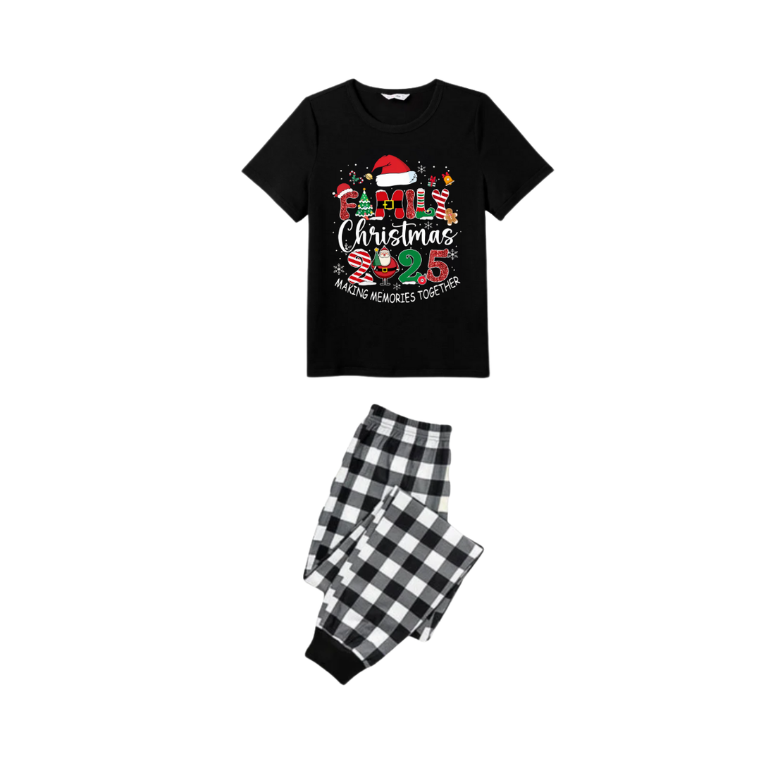 Mirla | Svart-Vit Rutig Julshorts Ärm-Pyjamas-Set med Familjens Jul 2025 Minnen Tillsammans Skapa Texttryck-Eva Jonsson