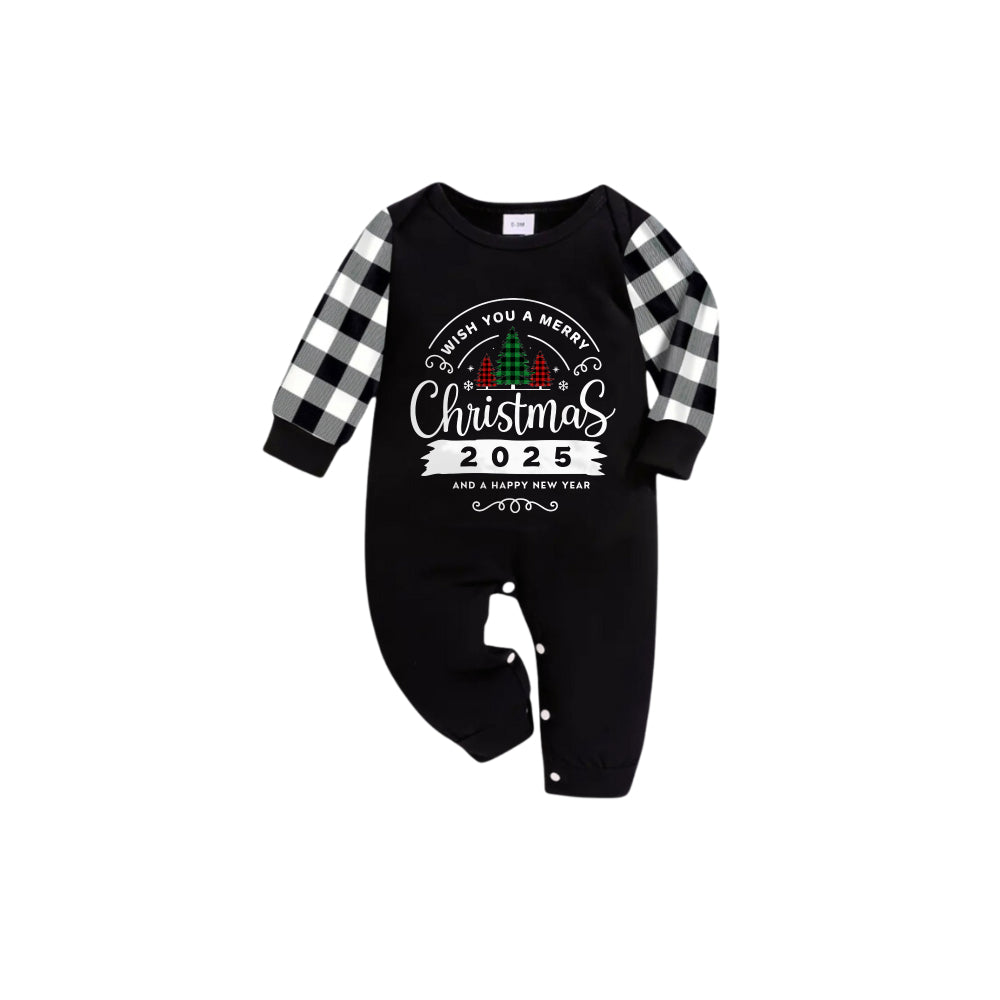 Mirla | Svart-Vit Rutig Kortärmad Jul Familj Pyjamas-Set med Önskar Dig En God Jul 2025 och Ett Gott Nytt År Tryck-Eva Jonsson