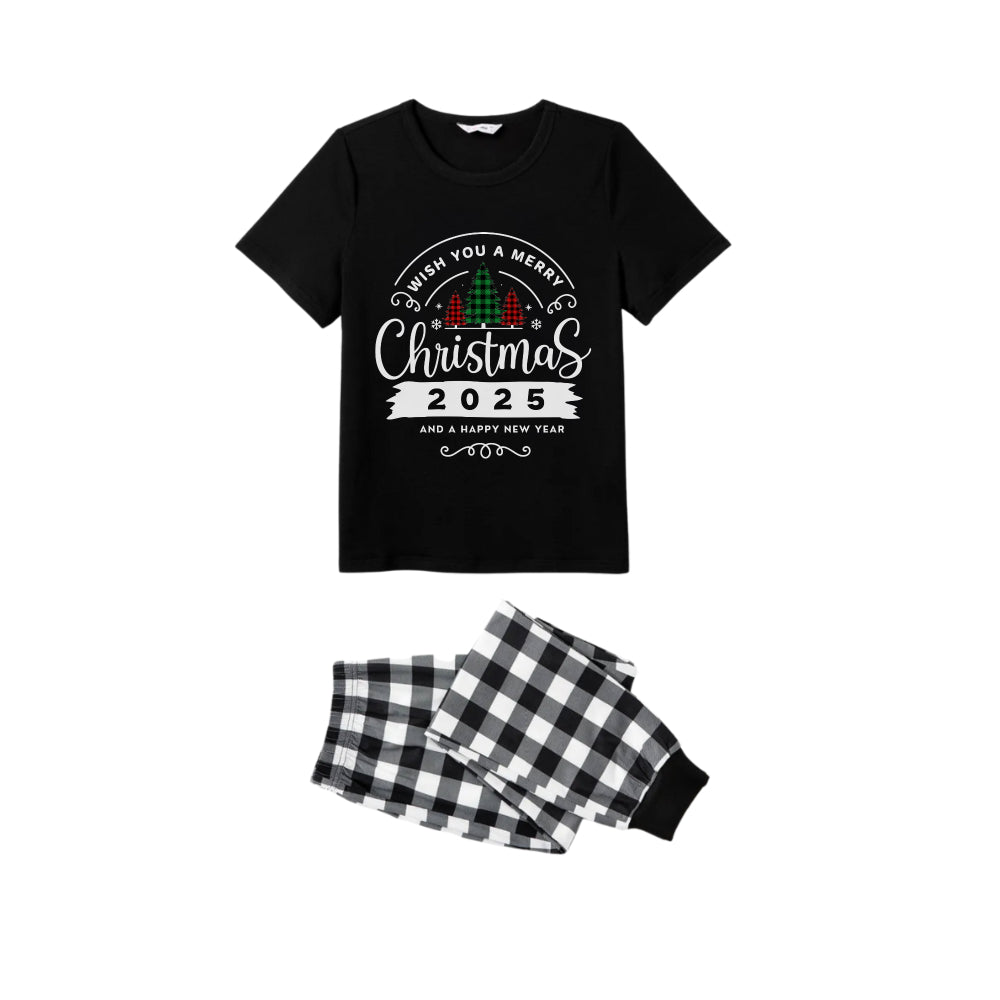 Mirla | Svart-Vit Rutig Kortärmad Jul Familj Pyjamas-Set med Önskar Dig En God Jul 2025 och Ett Gott Nytt År Tryck-Eva Jonsson