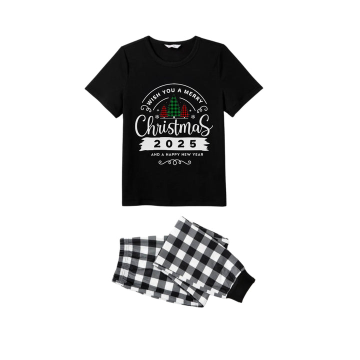 Mirla | Svart-Vit Rutig Kortärmad Jul Familj Pyjamas-Set med Önskar Dig En God Jul 2025 och Ett Gott Nytt År Tryck-Eva Jonsson