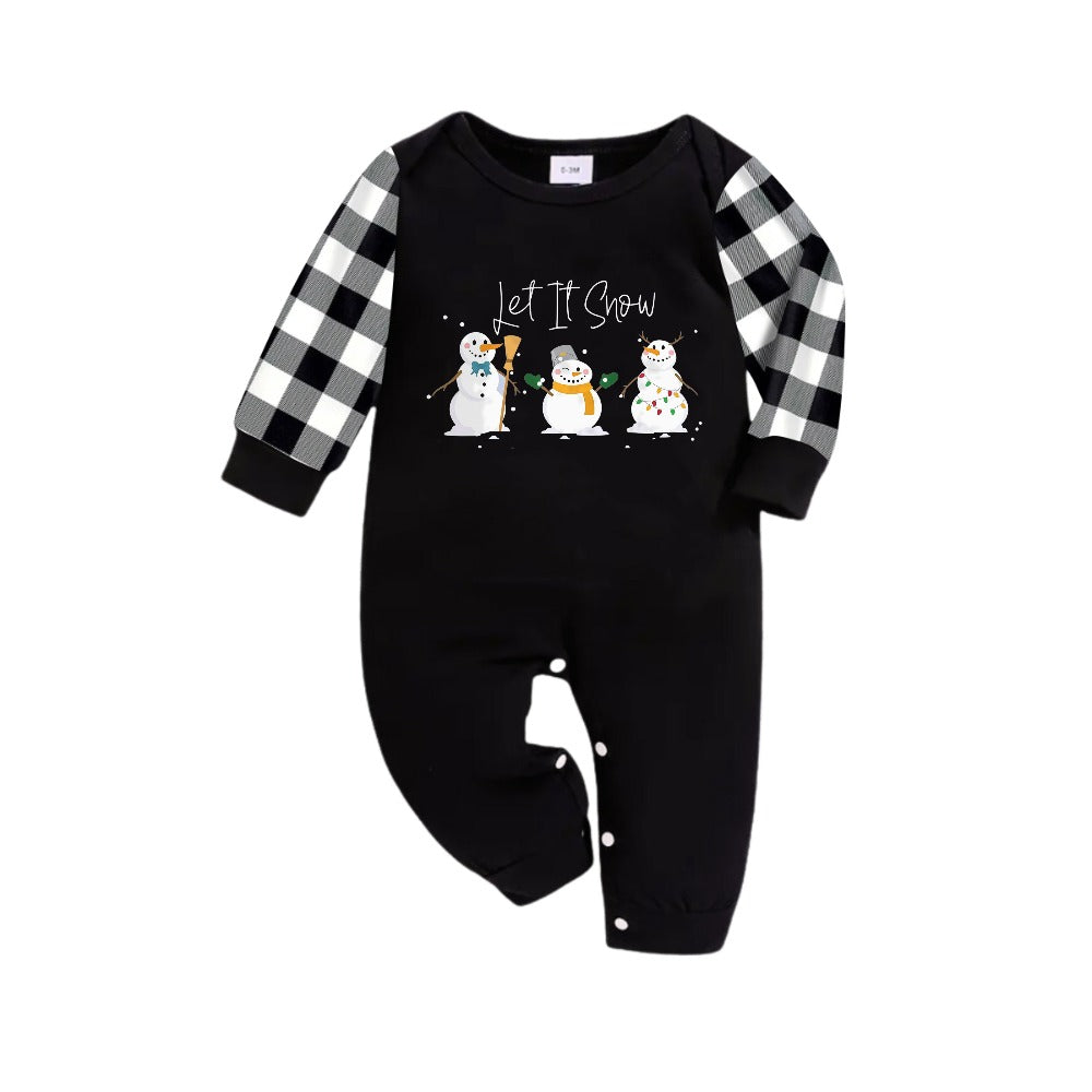 Mirla | Svart-Vit Rutigt Julpyjamas-Set med Snögubbe och Let It Snow Tecknad Tryck-Eva Jonsson