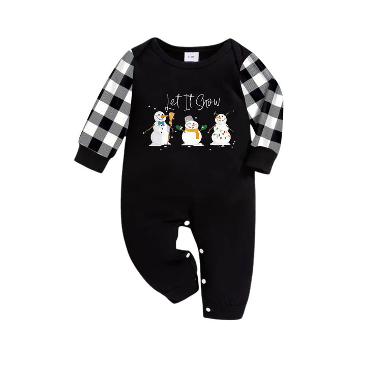 Mirla | Svart-Vit Rutigt Julpyjamas-Set med Snögubbe och Let It Snow Tecknad Tryck-Eva Jonsson