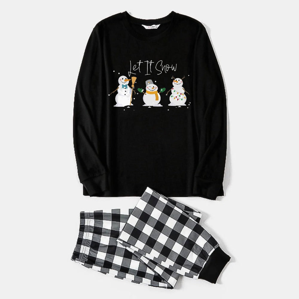 Mirla | Svart-Vit Rutigt Julpyjamas-Set med Snögubbe och Let It Snow Tecknad Tryck-Eva Jonsson