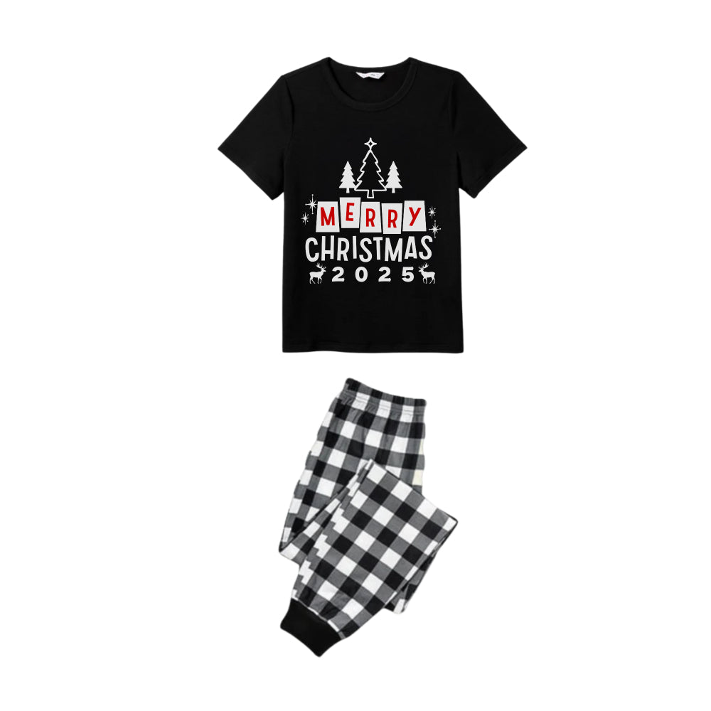 Mirla | Svart-Vit Rutigt Kortärmad Julfamilj Pyjamas-Set med God Jul 2025 och Julgran Tryck-Eva Jonsson