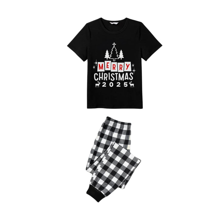Mirla | Svart-Vit Rutigt Kortärmad Julfamilj Pyjamas-Set med God Jul 2025 och Julgran Tryck-Eva Jonsson