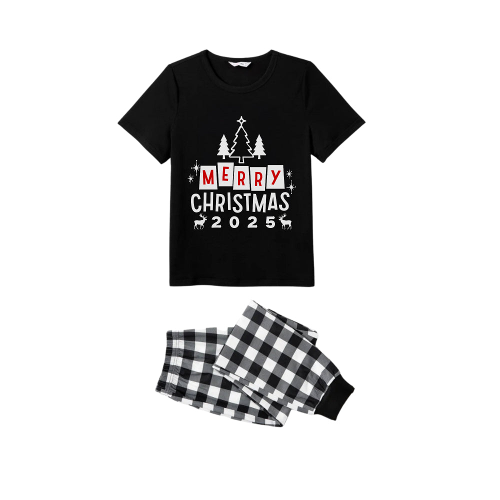 Mirla | Svart-Vit Rutigt Kortärmad Julfamilj Pyjamas-Set med God Jul 2025 och Julgran Tryck-Eva Jonsson