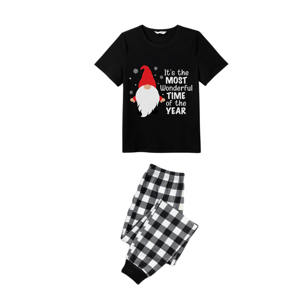 Mirla | Svart-Vit Rutigt Kortärmad Julpyjamas-Set med Gnom och Jultomte-Citat-Eva Jonsson