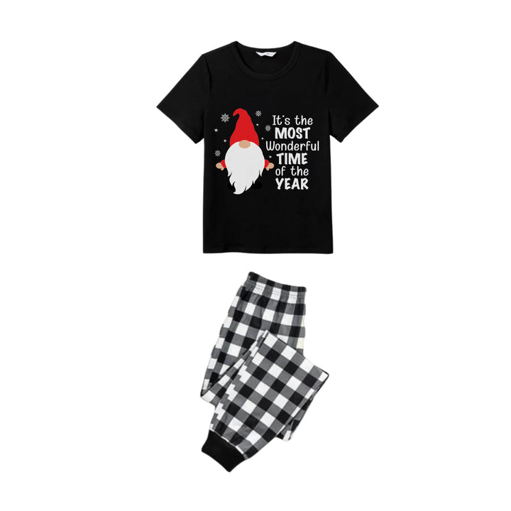 Mirla | Svart-Vit Rutigt Kortärmad Julpyjamas-Set med Gnom och Jultomte-Citat-Eva Jonsson
