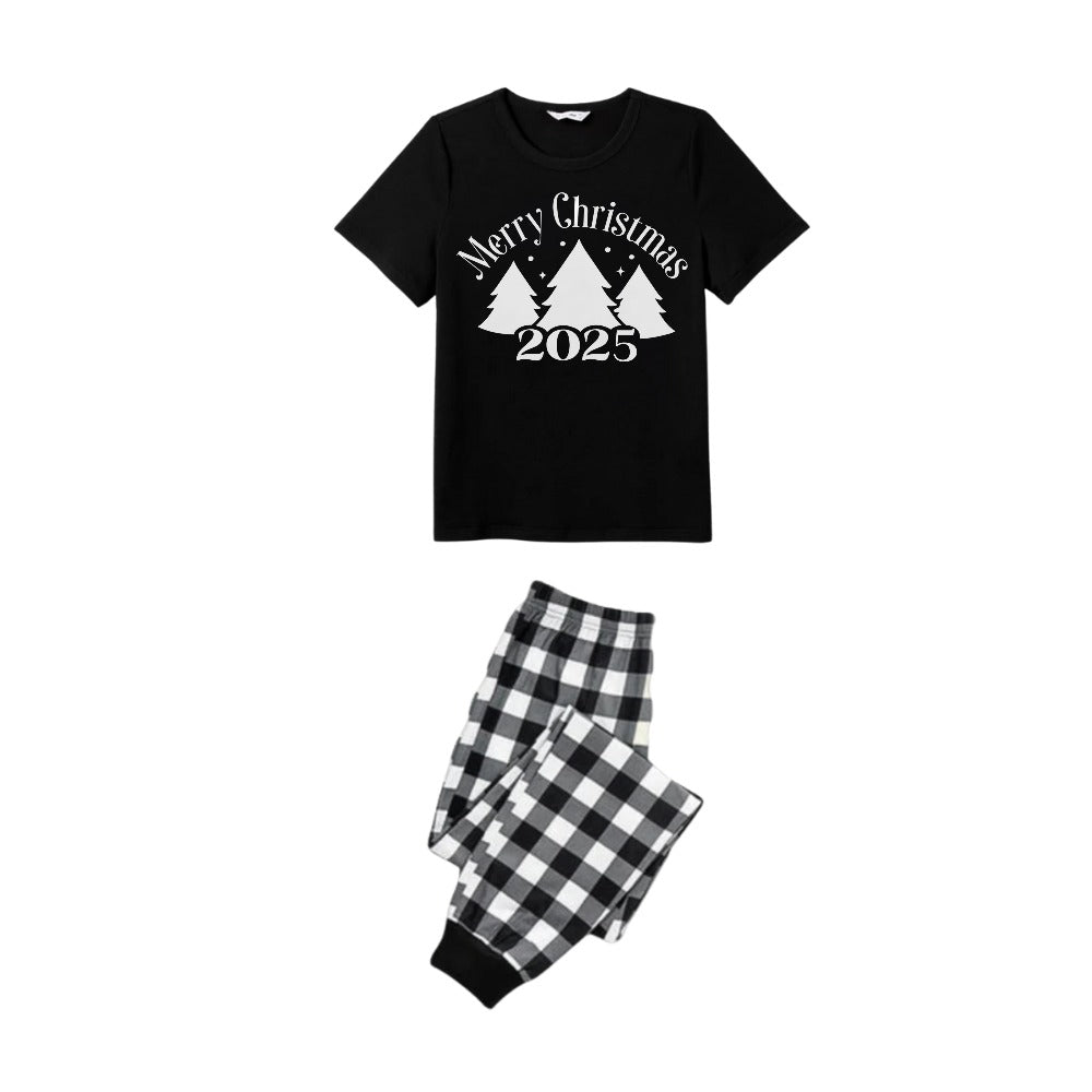 Mirla | Svart-Vit Rutigt Kortärmad Julpyjamas med Julgran och Slogan-Designs-Eva Jonsson