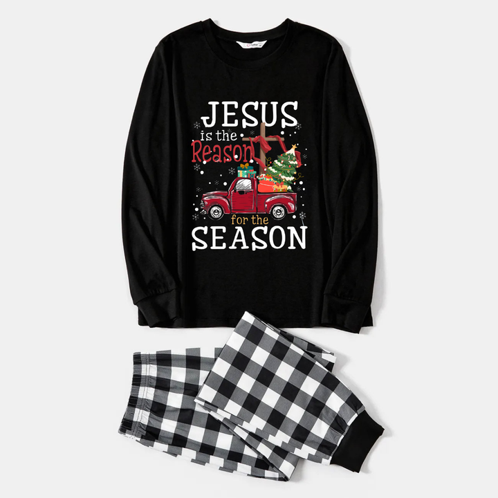 Mirla | Svart-Vitt Rutig Jul-Pyjamaset med Jesus Är Anledningen Till Säsongen Texttryck-Eva Jonsson