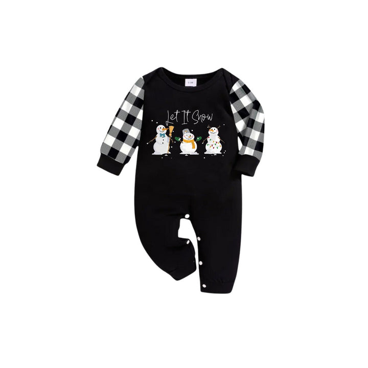 Mirla | Svart-Vitt Rutig Kortärmad Julpyjamas-Set med Snögubbe- och Cheer-Texttryck-Eva Jonsson