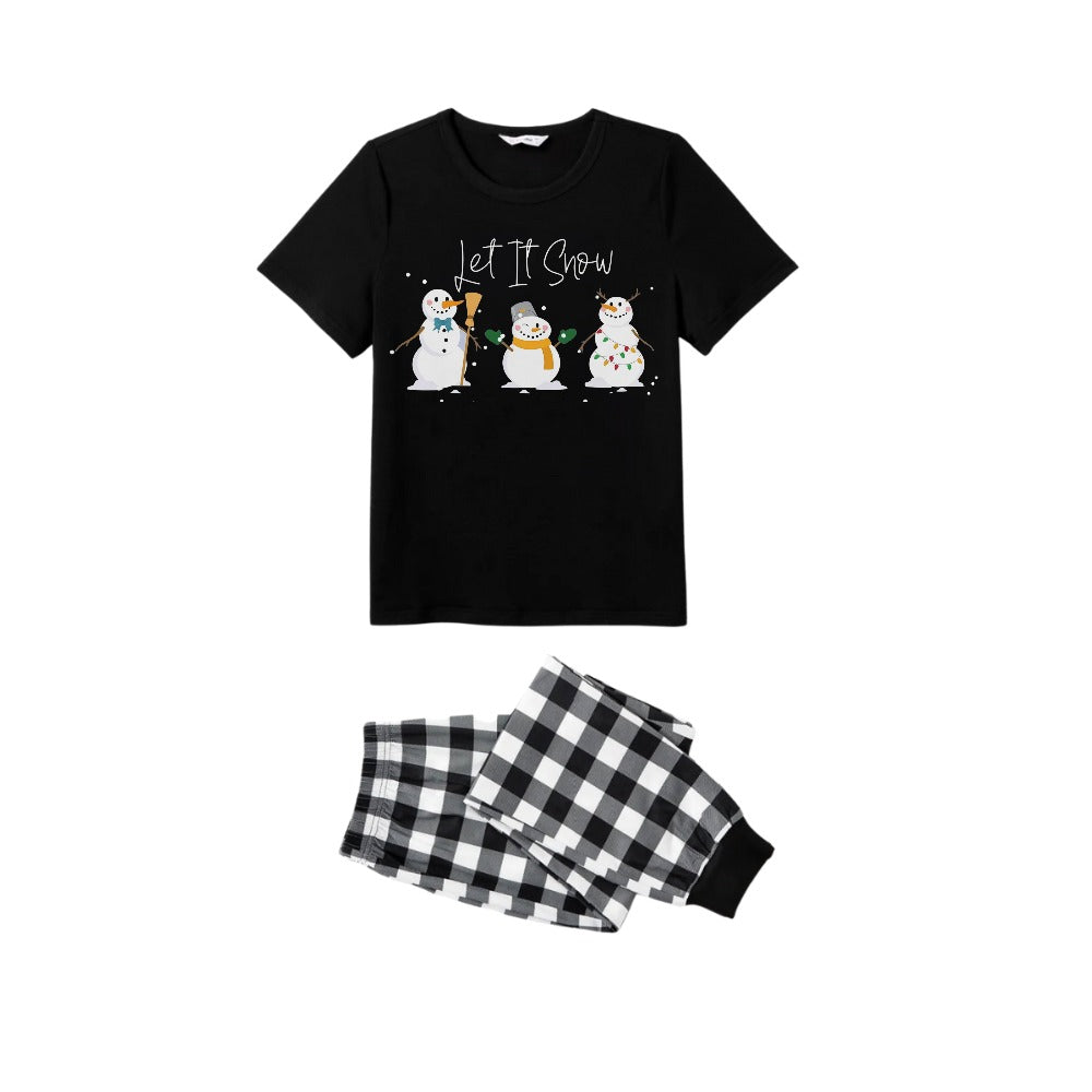 Mirla | Svart-Vitt Rutig Kortärmad Julpyjamas-Set med Snögubbe- och Cheer-Texttryck-Eva Jonsson