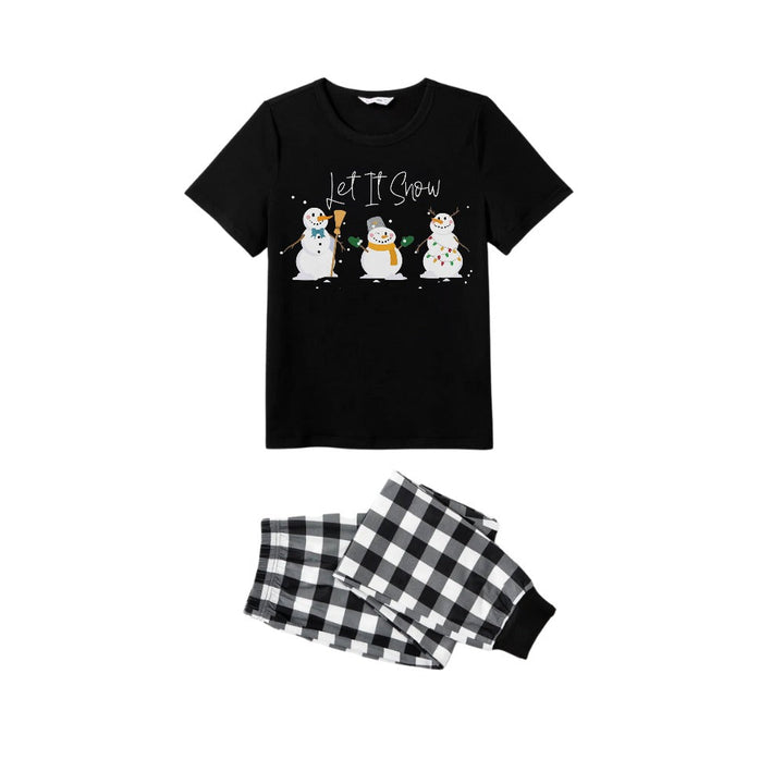 Mirla | Svart-Vitt Rutig Kortärmad Julpyjamas-Set med Snögubbe- och Cheer-Texttryck-Eva Jonsson